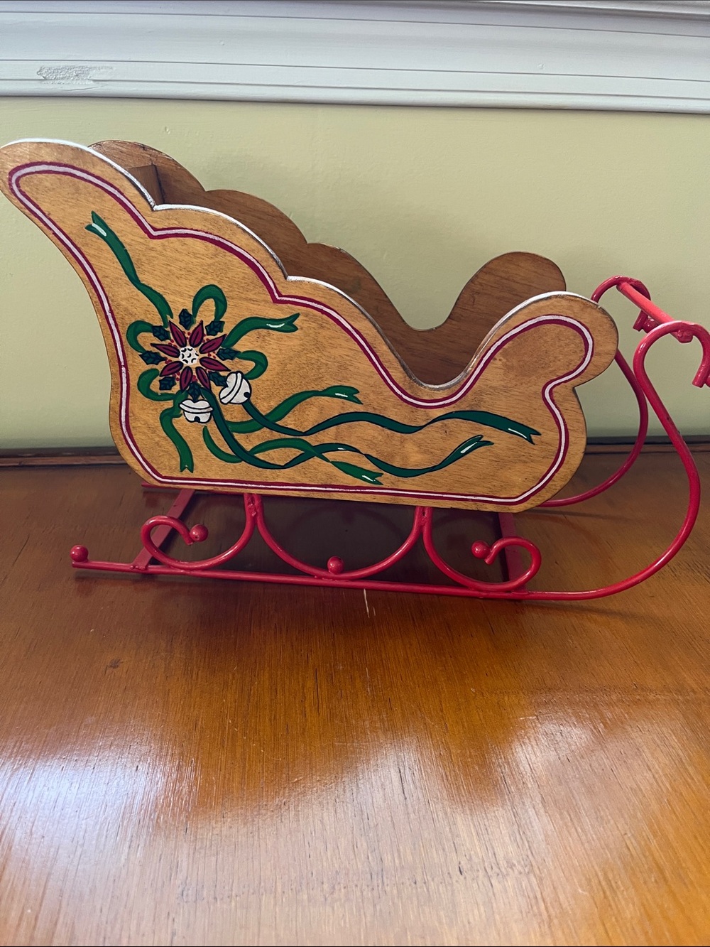 Festive Wooden Sleigh Holiday Centerpiece - Red and Green